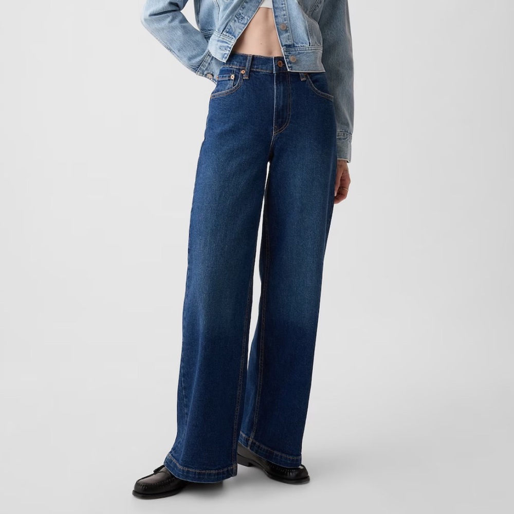 GAP High Rise Stride Wide-Leg Jeans, 28 Petite, dark wash